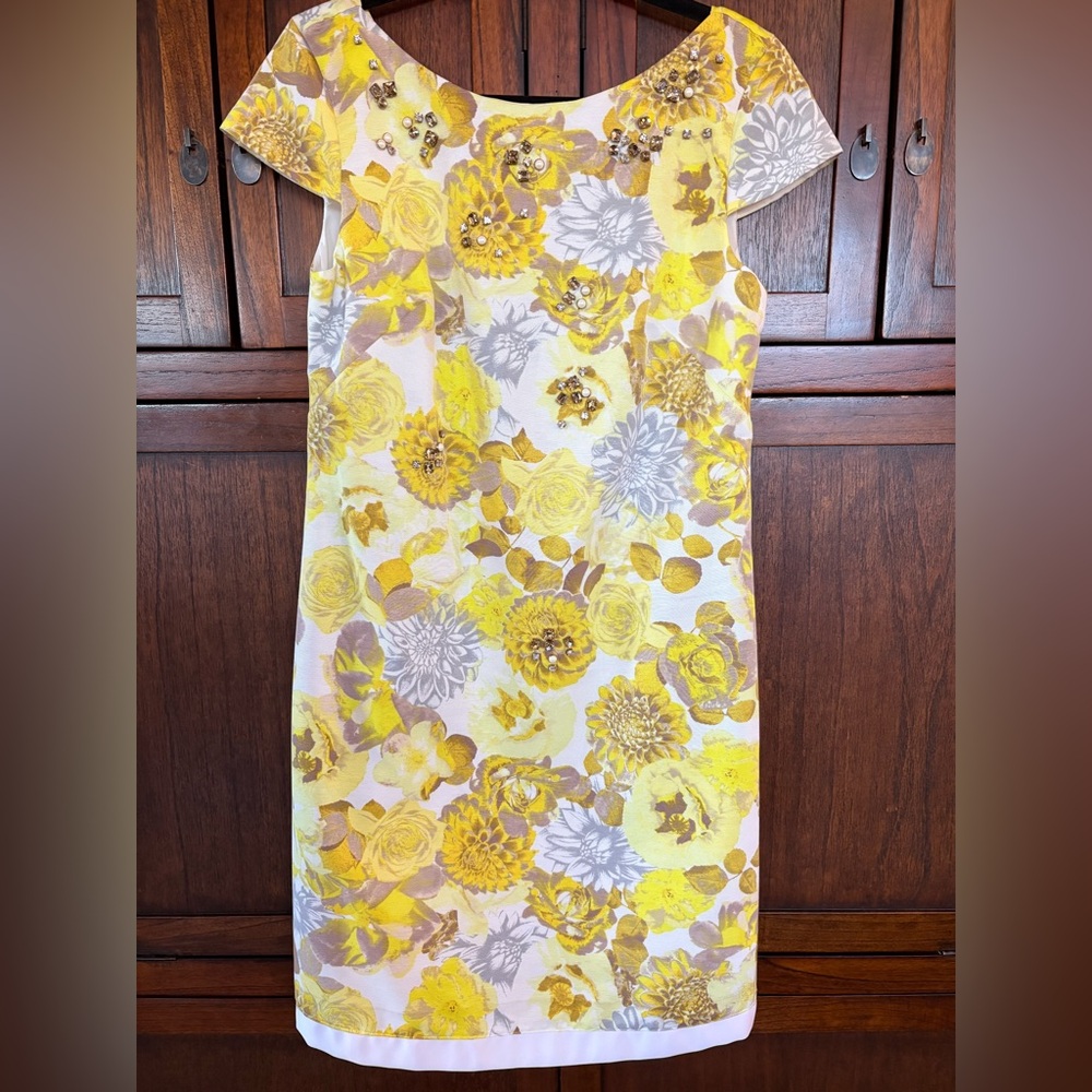 Eliza J Yellow Floral Beaded Sheath Dress Size 12 Cap Sleeve